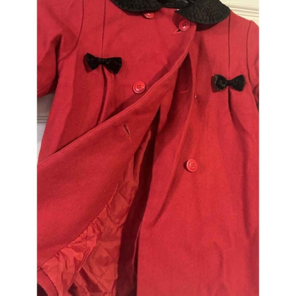 Parisian 24m Red Wool Pea Coat Black Velvet Bow Jacket Warm Double‎ Breasted - Picture 2 of 4